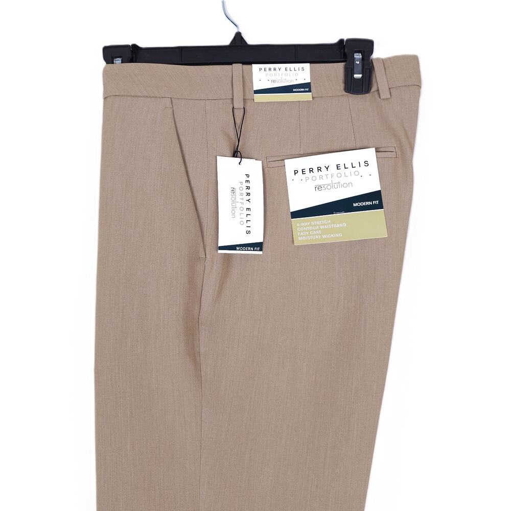 Perry Ellis Mens Modern Fit Dress Pants 36x34 Beige Elmwood Solid Stretch NWT